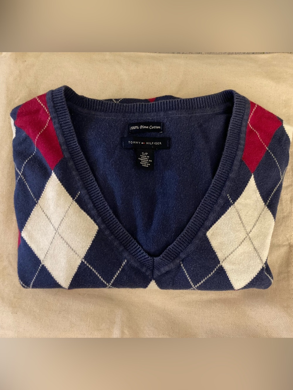 TOMMY HILFIGER V-Neck Argyle Sweater - Size Small - Picture 2 of 6